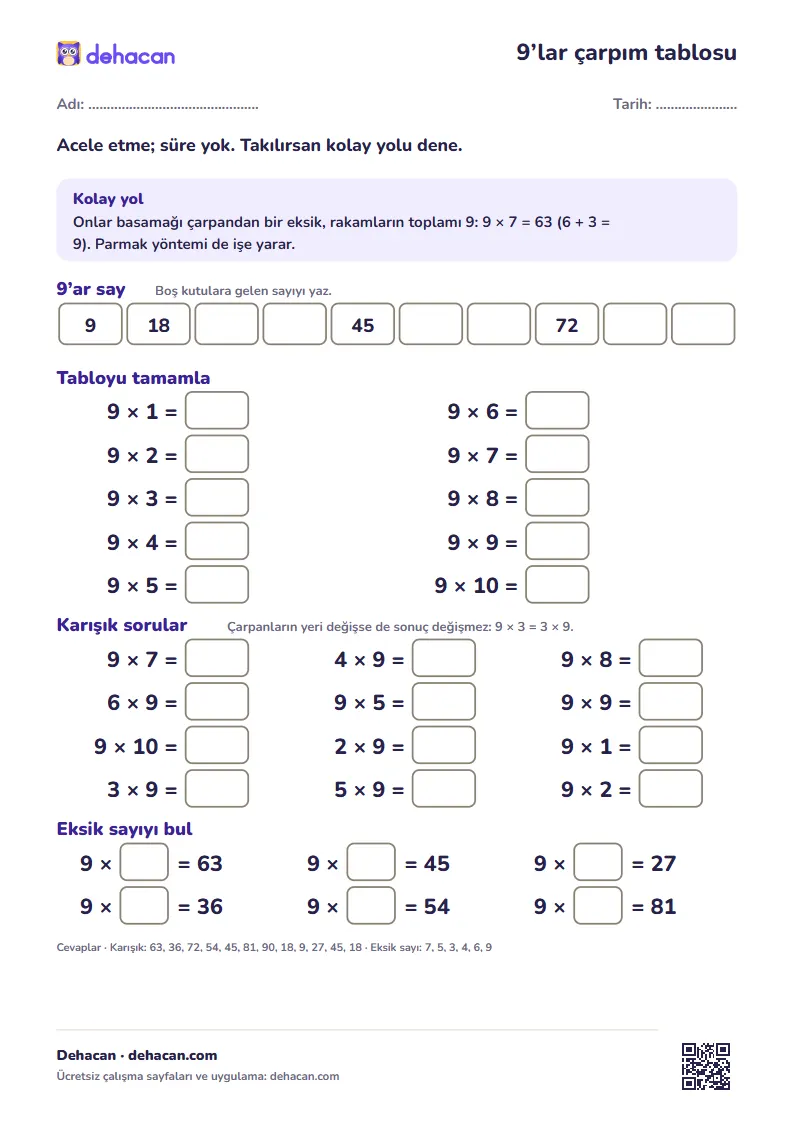 9’lar çarpım tablosu çalışma kâğıdı: ritmik sayma, karışık çarpma soruları, eksik sayı