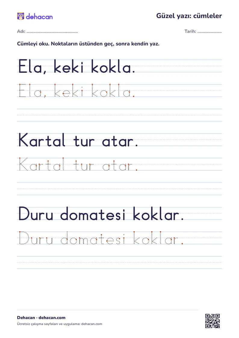 Güzel yazı çalışması: dik temel cümleler, noktalı iz ve boş satır