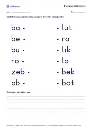 b sesiyle hece birleştirme etkinliği: balık, bebek, bulut, robot, zebra, abla sözcüklerinin heceleri