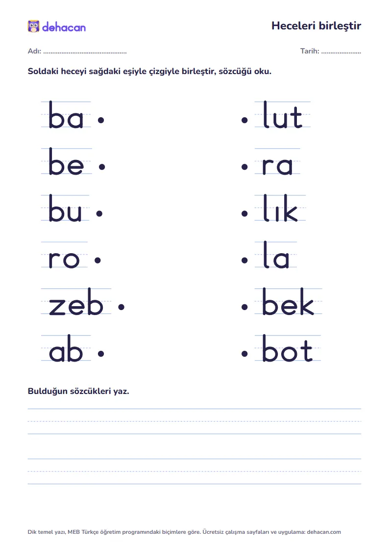 b sesiyle hece birleştirme etkinliği: balık, bebek, bulut, robot, zebra, abla sözcüklerinin heceleri