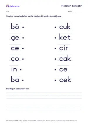 c sesiyle hece birleştirme etkinliği: böcek, gece, ceket, çocuk, incir, bacak sözcüklerinin heceleri