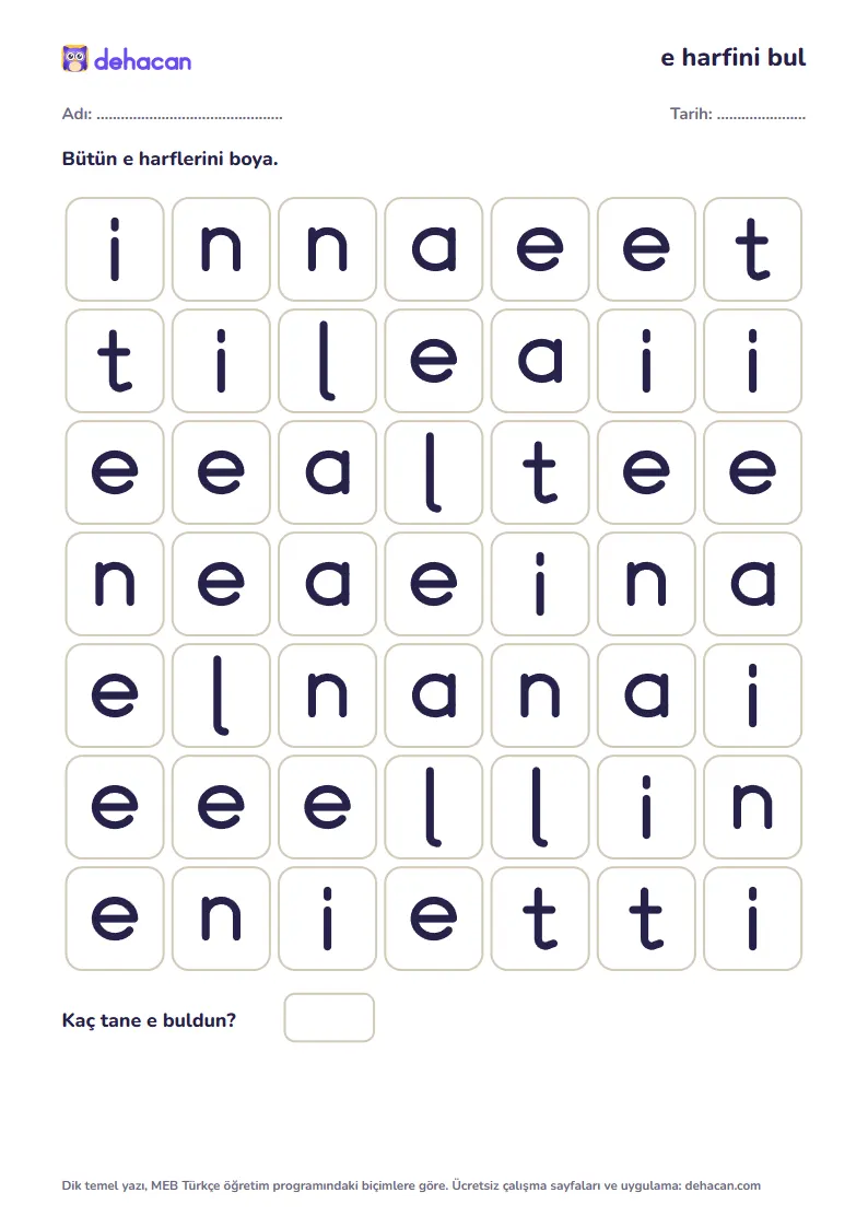 e harfini bul etkinliği: kutulardaki e harflerini boyama, dik temel yazıyla