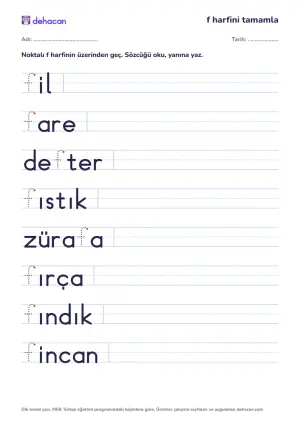 Eksik f harfini tamamla: fil, fare, defter, fıstık sözcüklerinde noktalı f harfi