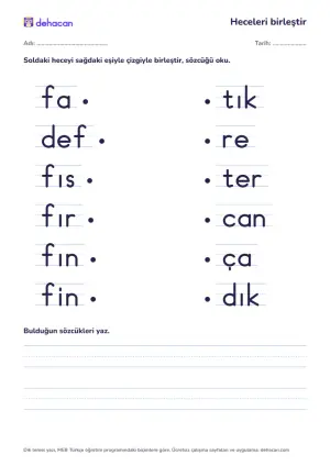 f sesiyle hece birleştirme etkinliği: fare, defter, fıstık, fırça, fındık, fincan sözcüklerinin heceleri