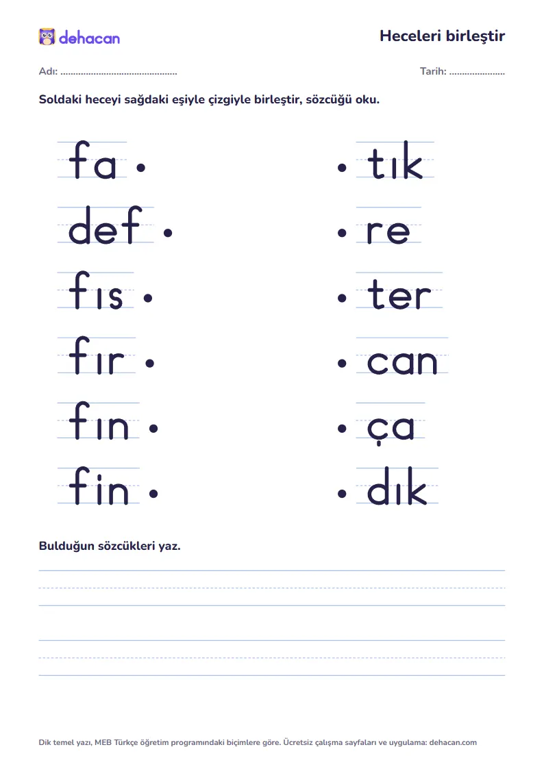 f sesiyle hece birleştirme etkinliği: fare, defter, fıstık, fırça, fındık, fincan sözcüklerinin heceleri