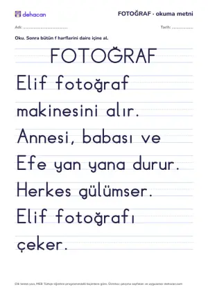 f sesi okuma metni FOTOĞRAF: dik temel yazıyla, yalnız öğrenilmiş seslerden cümleler