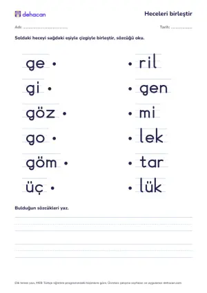 g sesiyle hece birleştirme etkinliği: gemi, gitar, gözlük, goril, gömlek, üçgen sözcüklerinin heceleri