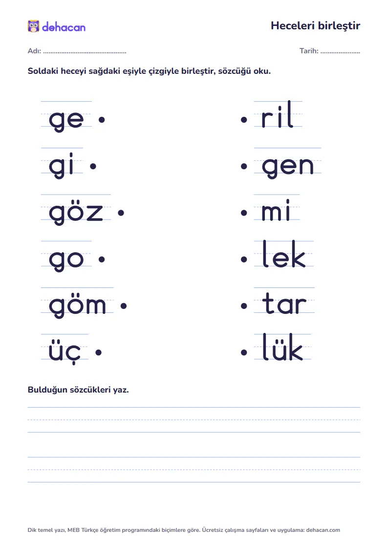 g sesiyle hece birleştirme etkinliği: gemi, gitar, gözlük, goril, gömlek, üçgen sözcüklerinin heceleri
