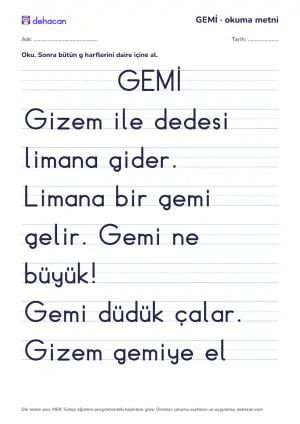 g sesi okuma metni GEMİ: dik temel yazıyla, yalnız öğrenilmiş seslerden cümleler