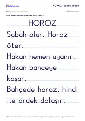 h sesi okuma metni HOROZ: dik temel yazıyla, yalnız öğrenilmiş seslerden cümleler