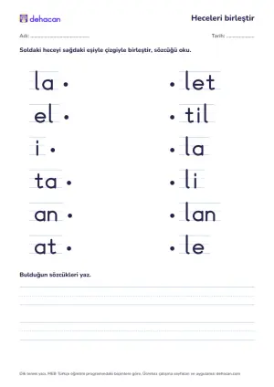 l sesiyle hece birleştirme etkinliği: lale, elli, ilan, tatil, anla, atlet sözcüklerinin heceleri