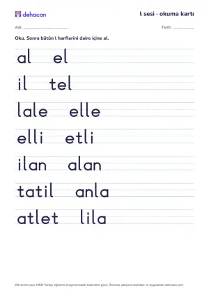 l sesi okuma kartı: al, el, il, tel, lale, elle sözcükleri dik temel yazıyla