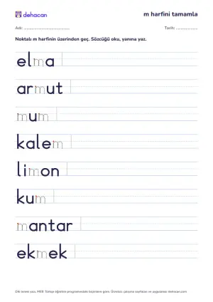Eksik m harfini tamamla: elma, armut, mum, kalem sözcüklerinde noktalı m harfi