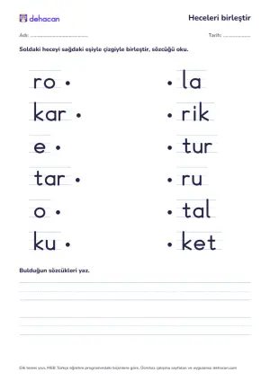 r sesiyle hece birleştirme etkinliği: roket, kartal, erik, tarla, otur, kuru sözcüklerinin heceleri