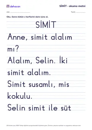 s sesi okuma metni SİMİT: dik temel yazıyla, yalnız öğrenilmiş seslerden cümleler