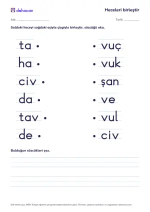 v sesiyle hece birleştirme etkinliği: tavuk, havuç, civciv, davul, tavşan, deve sözcüklerinin heceleri