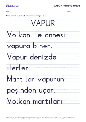 v sesi okuma metni VAPUR: dik temel yazıyla, yalnız öğrenilmiş seslerden cümleler