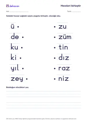 z sesiyle hece birleştirme etkinliği: üzüm, deniz, kuzu, kiraz, yıldız, zeytin sözcüklerinin heceleri