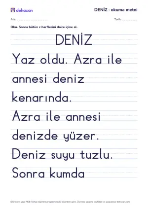 z sesi okuma metni DENİZ: dik temel yazıyla, yalnız öğrenilmiş seslerden cümleler