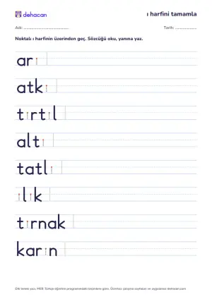 Eksik ı harfini tamamla: arı, atkı, tırtıl, altı sözcüklerinde noktalı ı harfi