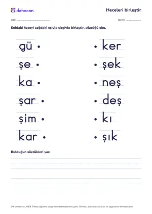 ş sesiyle hece birleştirme etkinliği: güneş, şeker, kaşık, şarkı, şimşek, kardeş sözcüklerinin heceleri