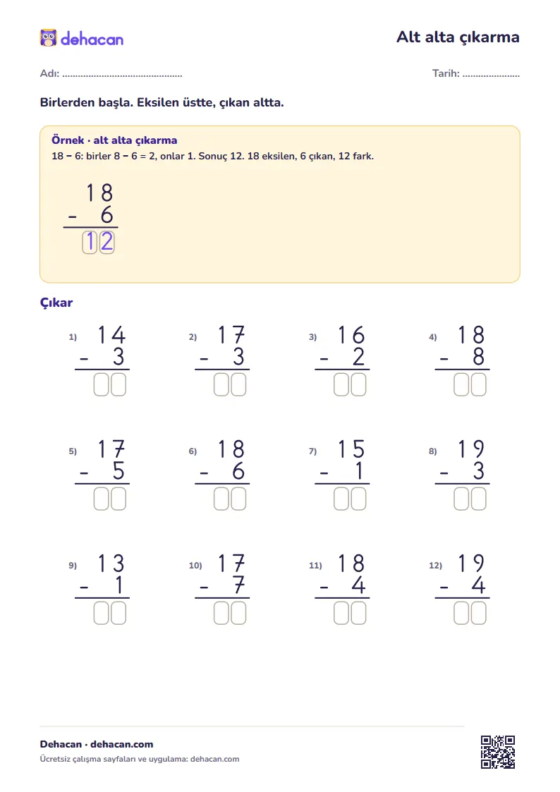 Alt alta çıkarma çalışma kâğıdı 1. sınıf: dik temel rakamlarla çıkarma işlemleri ve problemler