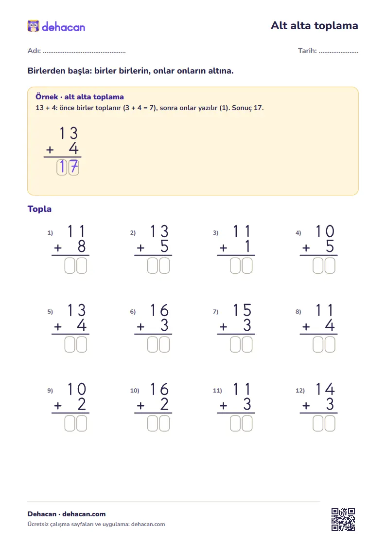 Alt alta toplama çalışma kâğıdı 1. sınıf: dik temel rakamlarla toplama işlemleri ve problemler