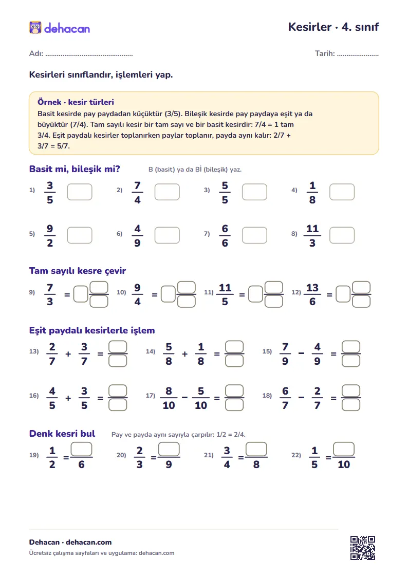 4. sınıf kesirler çalışma kâğıdı: basit, bileşik, tam sayılı kesir, denk kesir, kesirlerle toplama ve çıkarma