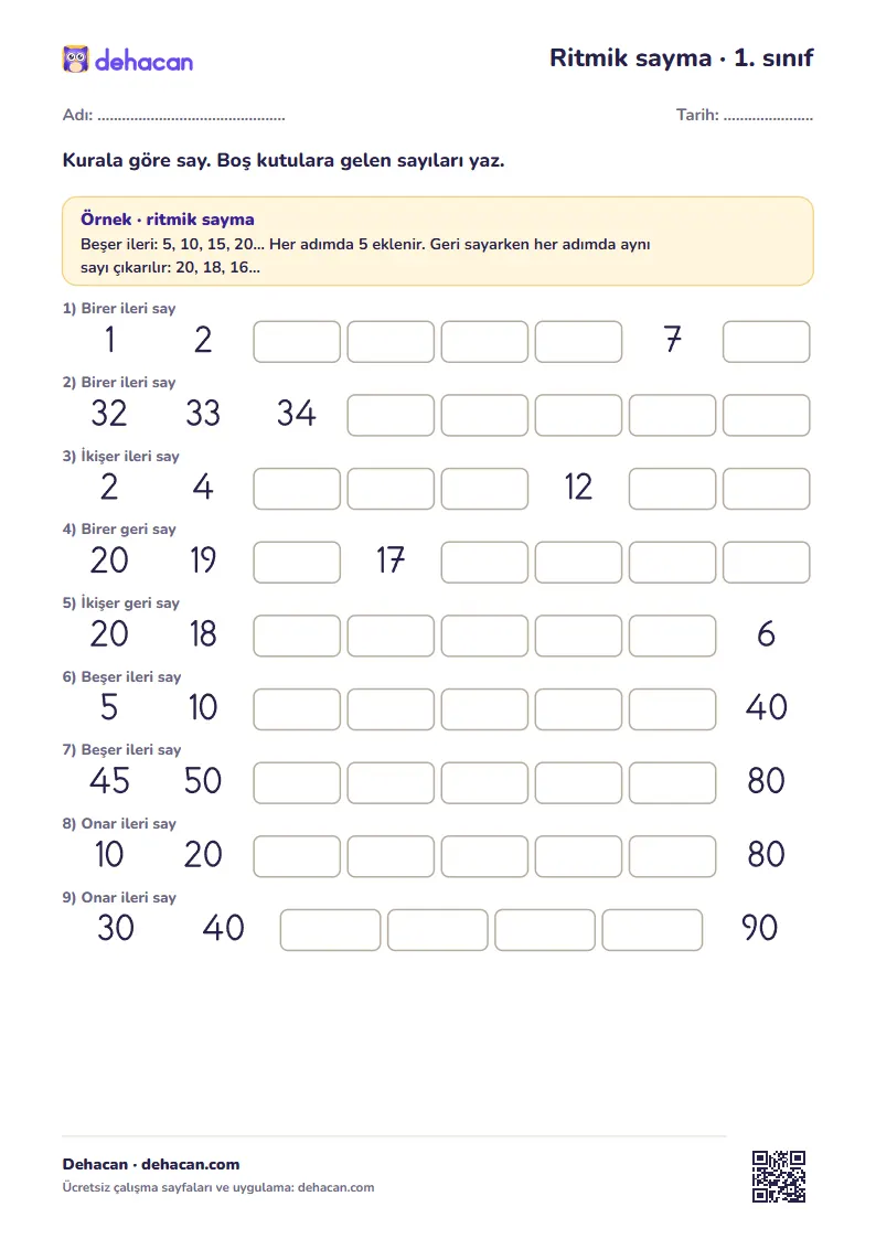 1. sınıf ritmik sayma çalışma kâğıdı: birer, ikişer, beşer, onar sayma, dik temel rakamlarla