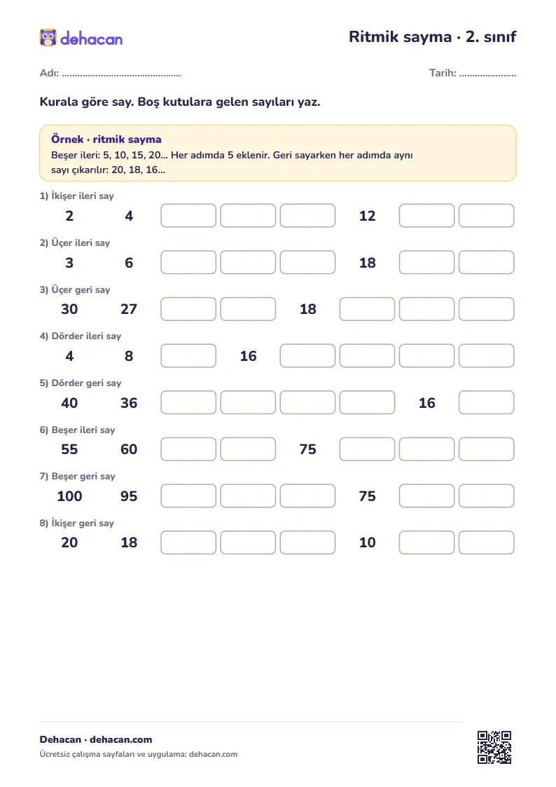 2. sınıf ritmik sayma çalışma kâğıdı: ikişer, üçer, dörder, beşer ileri ve geri sayma