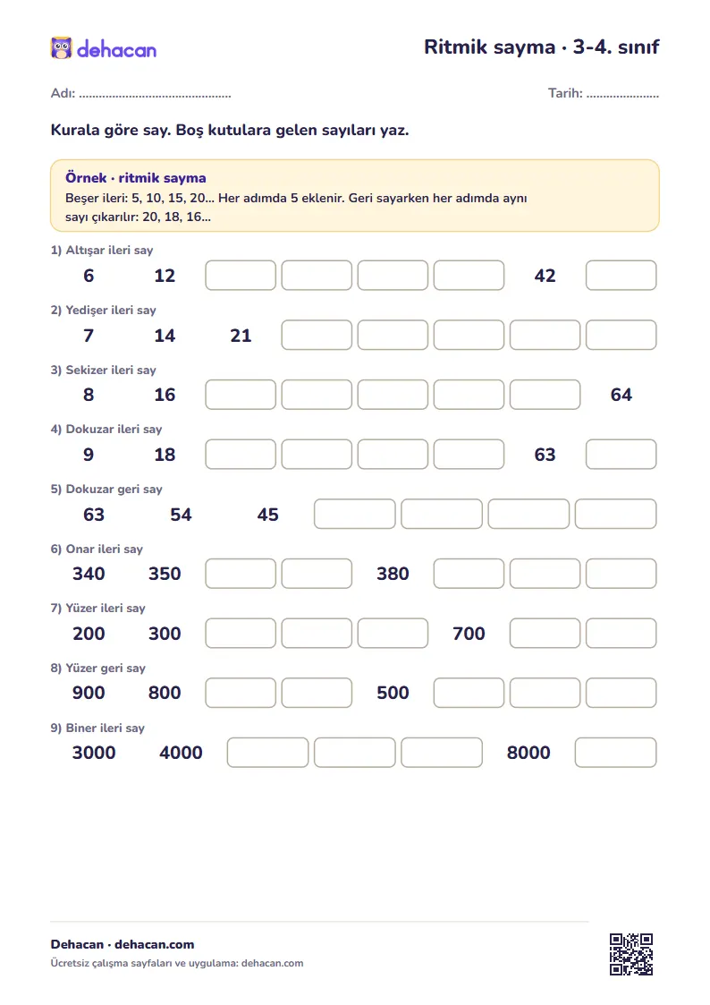 3. ve 4. sınıf ritmik sayma çalışma kâğıdı: altışar, yedişer, sekizer, dokuzar, yüzer ve biner sayma