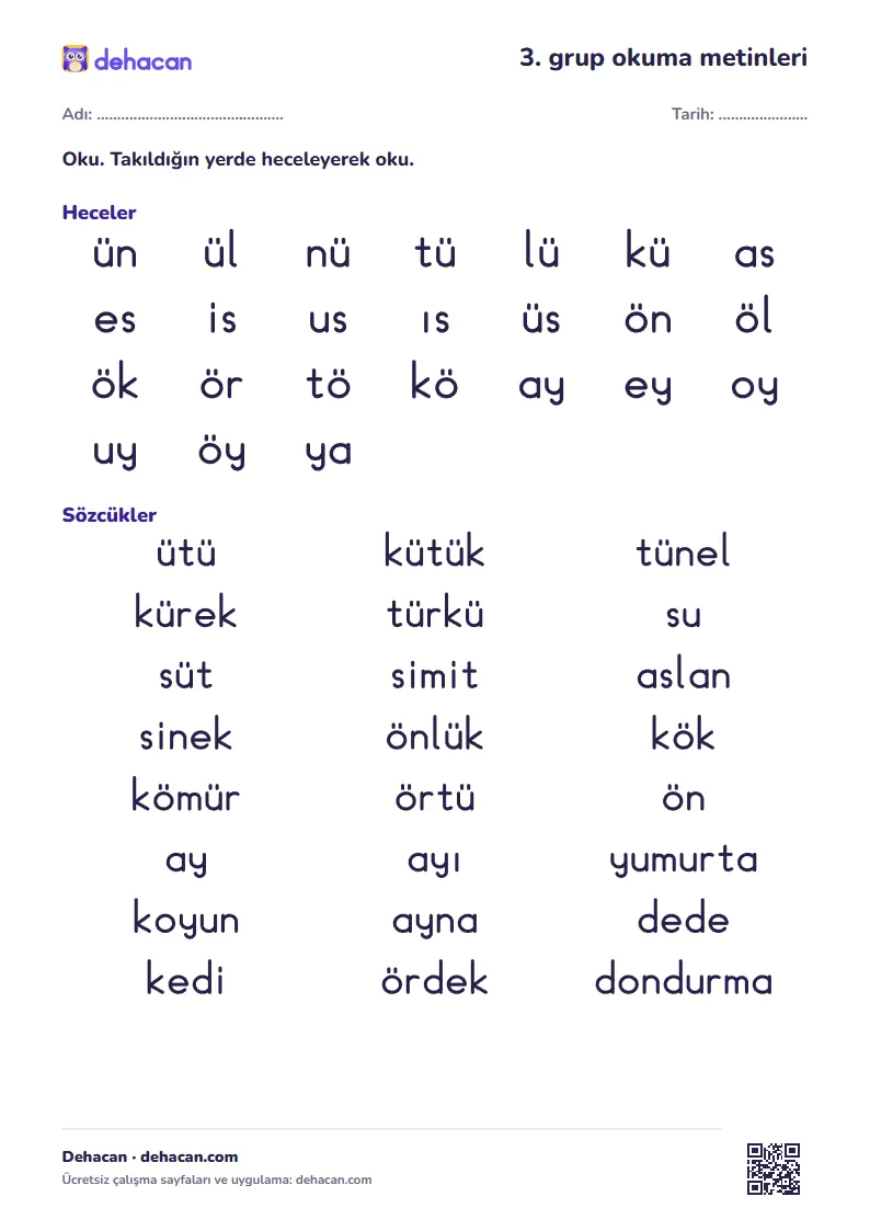 1. sınıf 3. ses grubu okuma metinleri: heceler, sözcükler ve kısa metinler, dik temel yazıyla