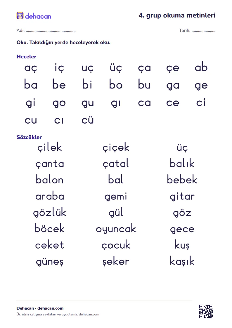 1. sınıf 4. ses grubu okuma metinleri: heceler, sözcükler ve kısa metinler, dik temel yazıyla