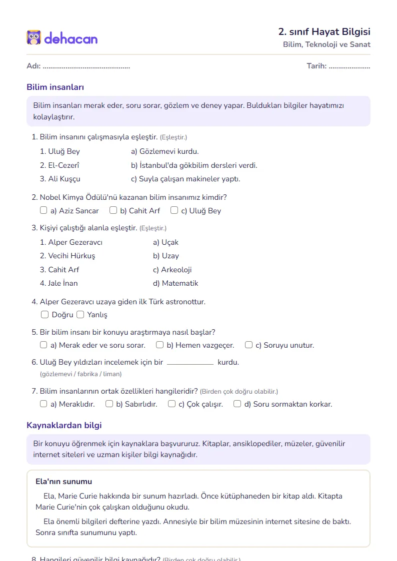 2. sınıf Hayat Bilgisi çalışma kâğıdı: Bilim, Teknoloji ve Sanat, sorular ve cevap anahtarı
