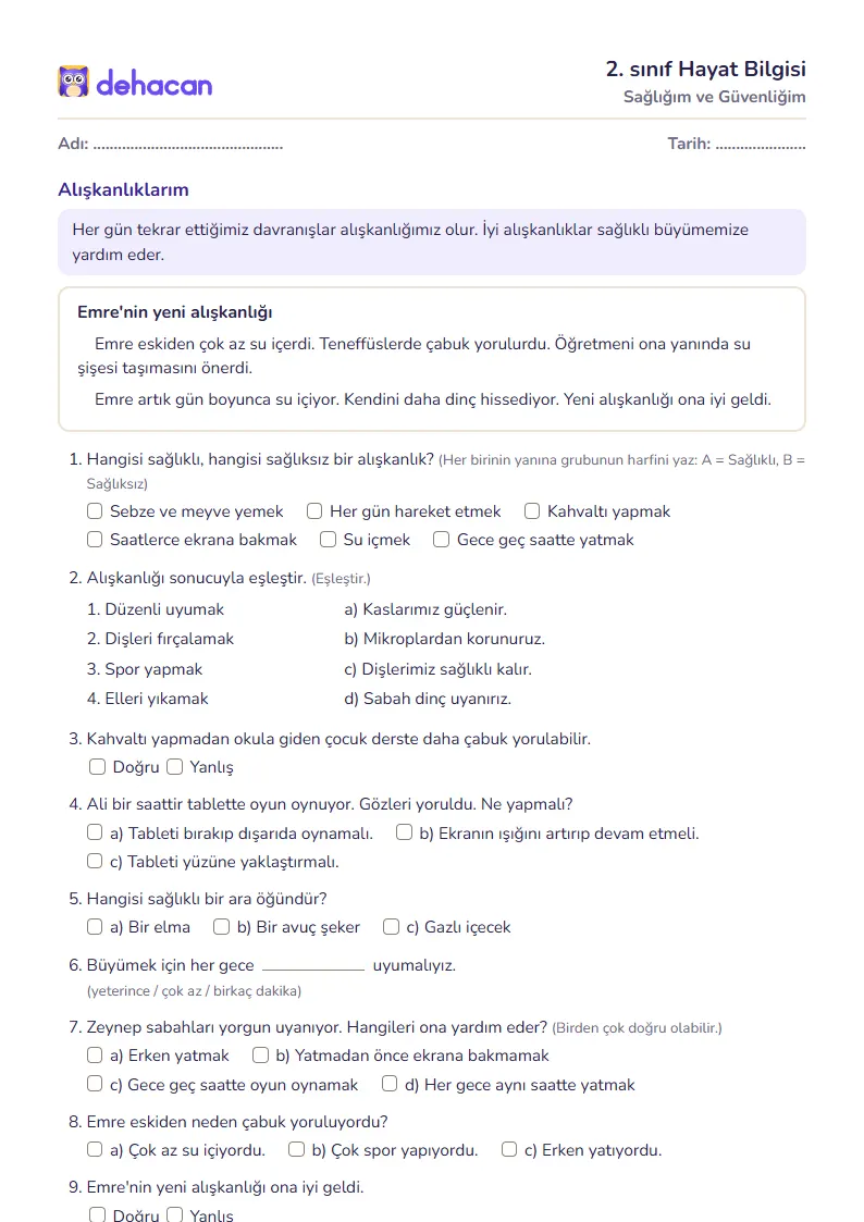 2. sınıf Hayat Bilgisi çalışma kâğıdı: Sağlığım ve Güvenliğim, sorular ve cevap anahtarı