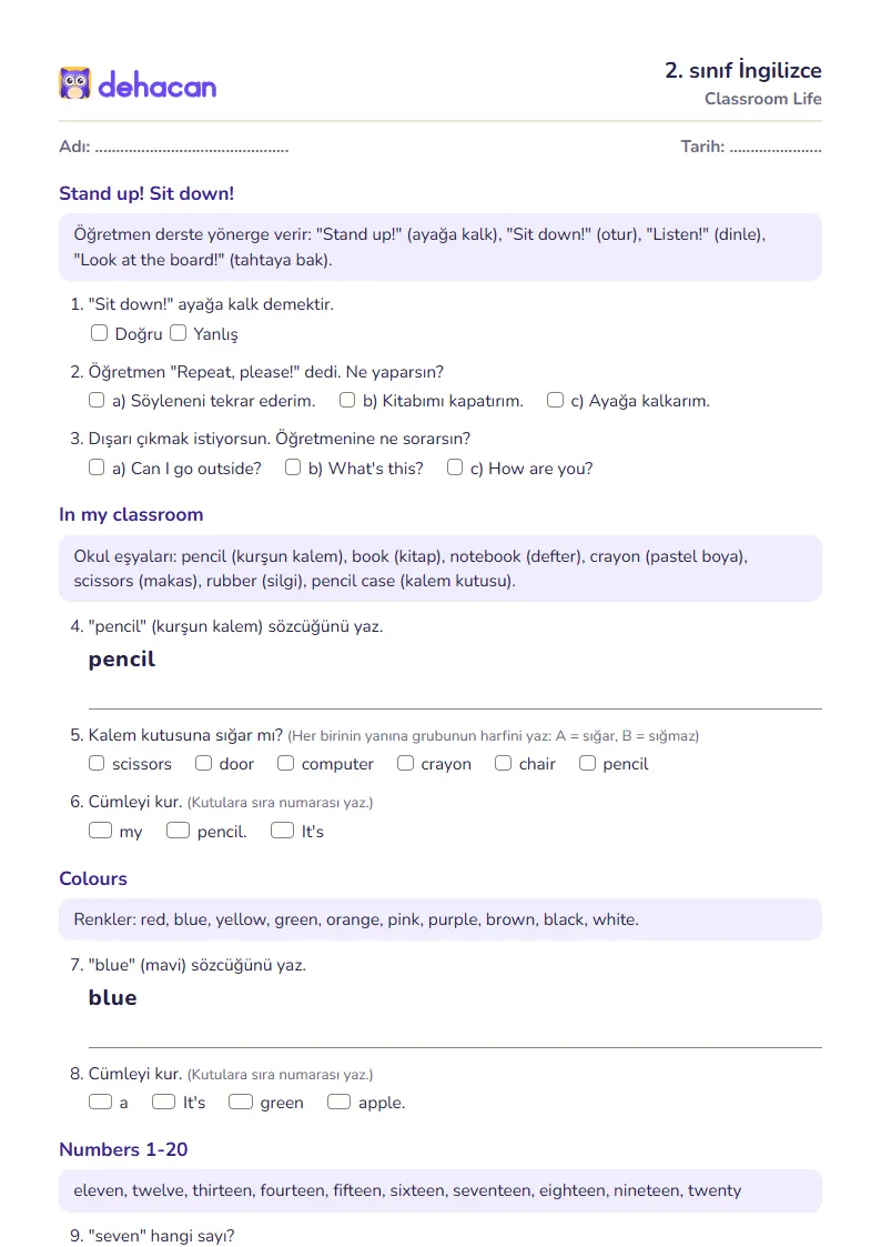 2. sınıf İngilizce çalışma kâğıdı: Classroom Life, sorular ve cevap anahtarı