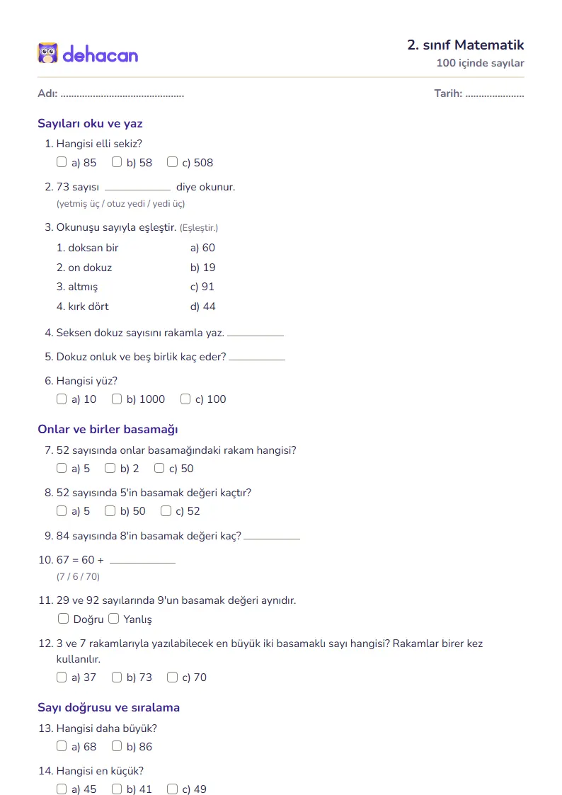 2. sınıf Matematik çalışma kâğıdı: 100 içinde sayılar, sorular ve cevap anahtarı