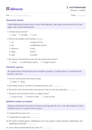 2. sınıf Matematik çalışma kâğıtları