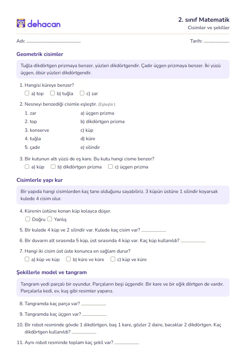 2. sınıf Matematik çalışma kâğıdı: Cisimler ve şekiller, sorular ve cevap anahtarı