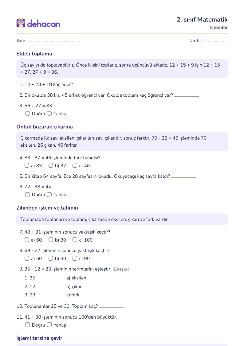 2. sınıf Matematik çalışma kâğıdı: İşlemler, sorular ve cevap anahtarı