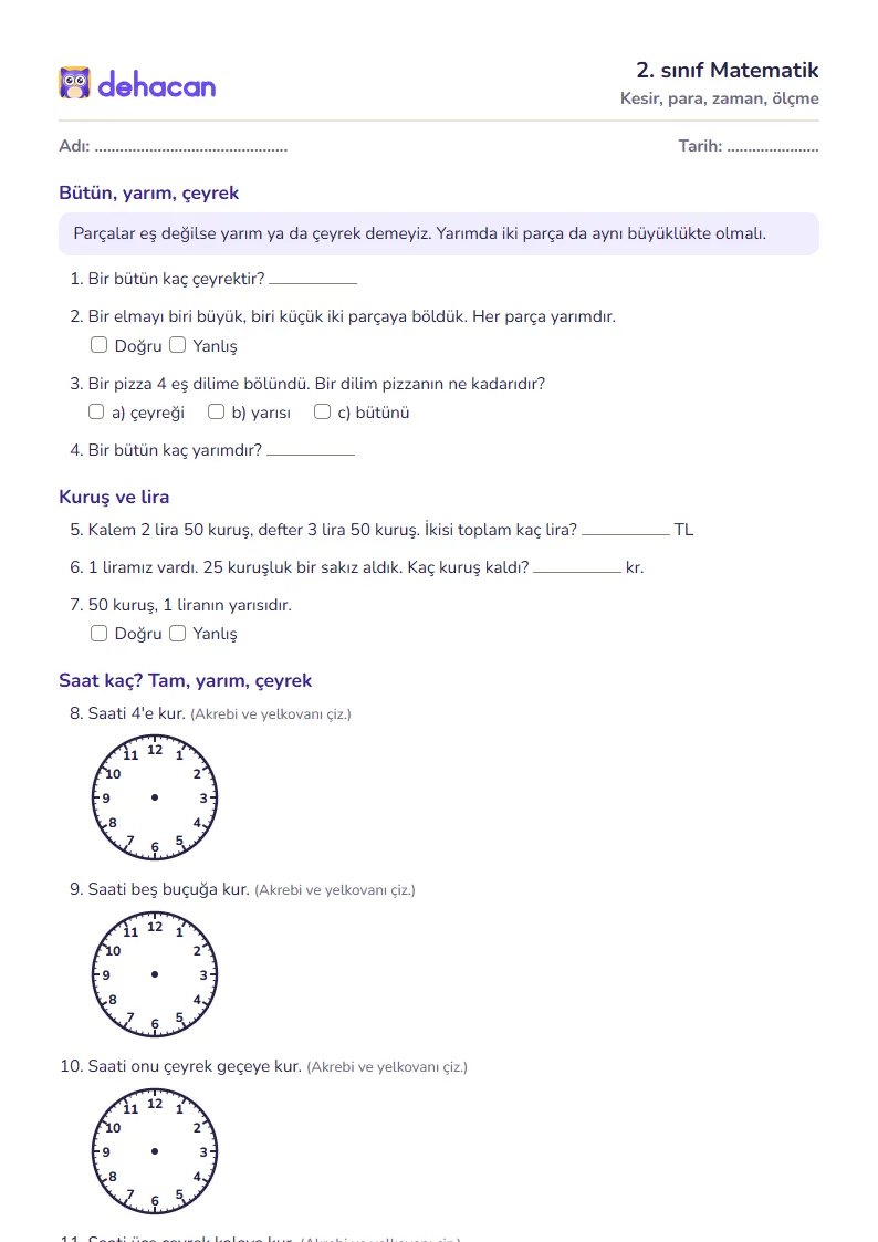 2. sınıf Matematik çalışma kâğıdı: Kesir, para, zaman, ölçme, sorular ve cevap anahtarı
