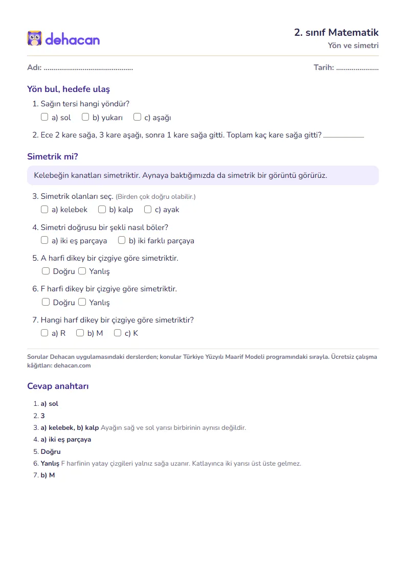 2. sınıf Matematik çalışma kâğıdı: Yön ve simetri, sorular ve cevap anahtarı