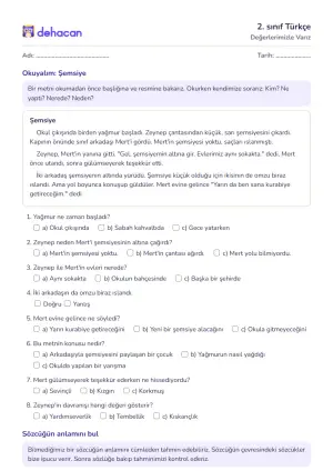 2. sınıf Türkçe çalışma kâğıtları
