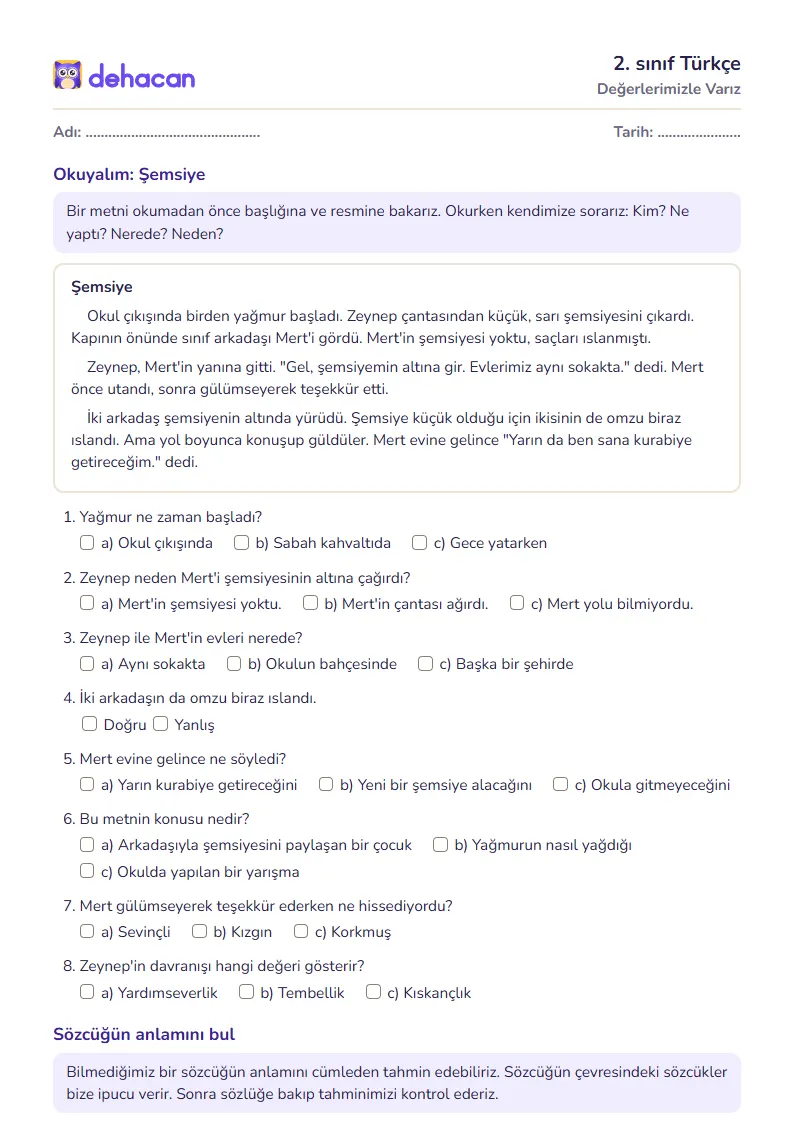 2. sınıf Türkçe çalışma kâğıdı: Değerlerimizle Varız, sorular ve cevap anahtarı