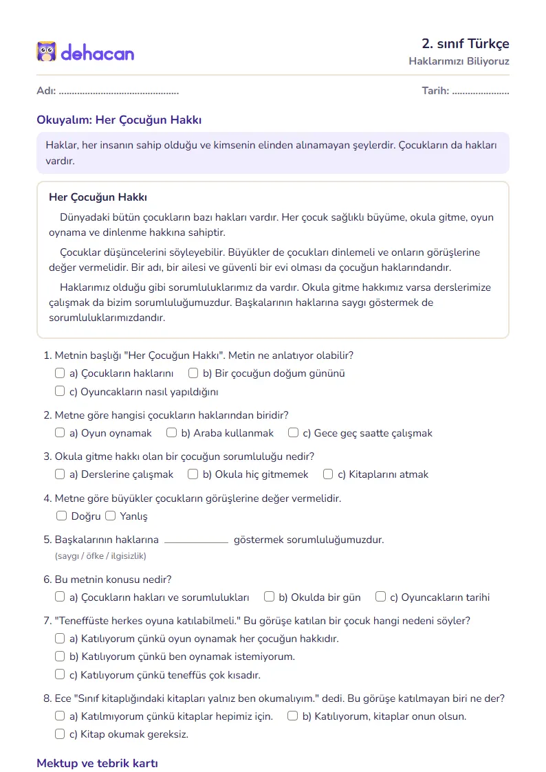 2. sınıf Türkçe çalışma kâğıdı: Haklarımızı Biliyoruz, sorular ve cevap anahtarı