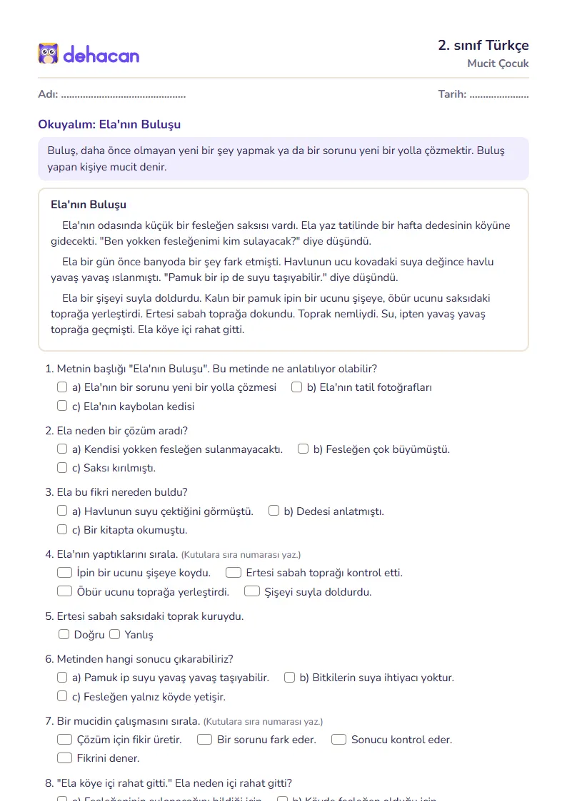 2. sınıf Türkçe çalışma kâğıdı: Mucit Çocuk, sorular ve cevap anahtarı