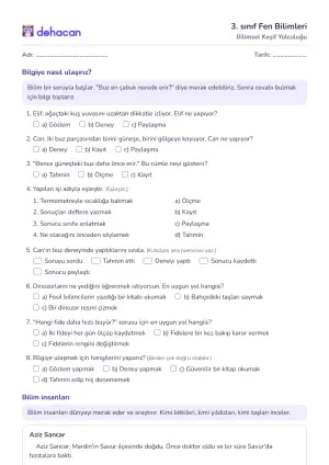 3. sınıf Fen Bilimleri çalışma kâğıtları