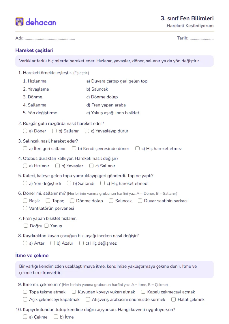3. sınıf Fen Bilimleri çalışma kâğıdı: Hareketi Keşfediyorum, sorular ve cevap anahtarı