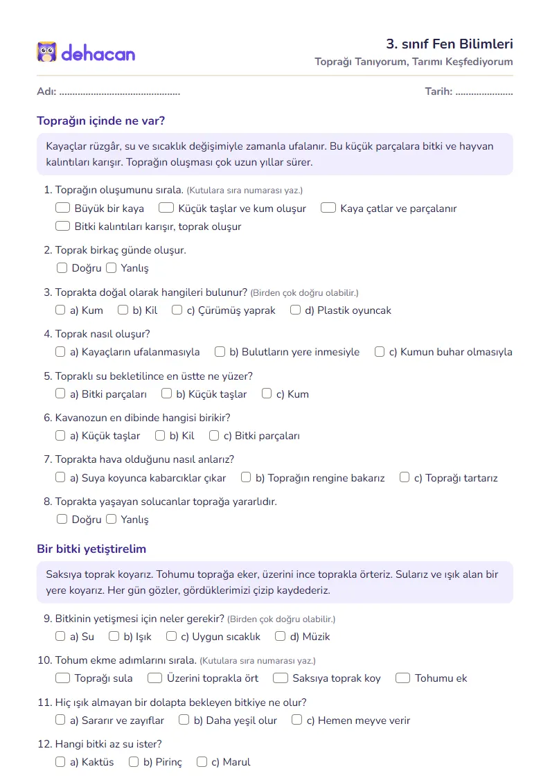3. sınıf Fen Bilimleri çalışma kâğıdı: Toprağı Tanıyorum, Tarımı Keşfediyorum, sorular ve cevap anahtarı