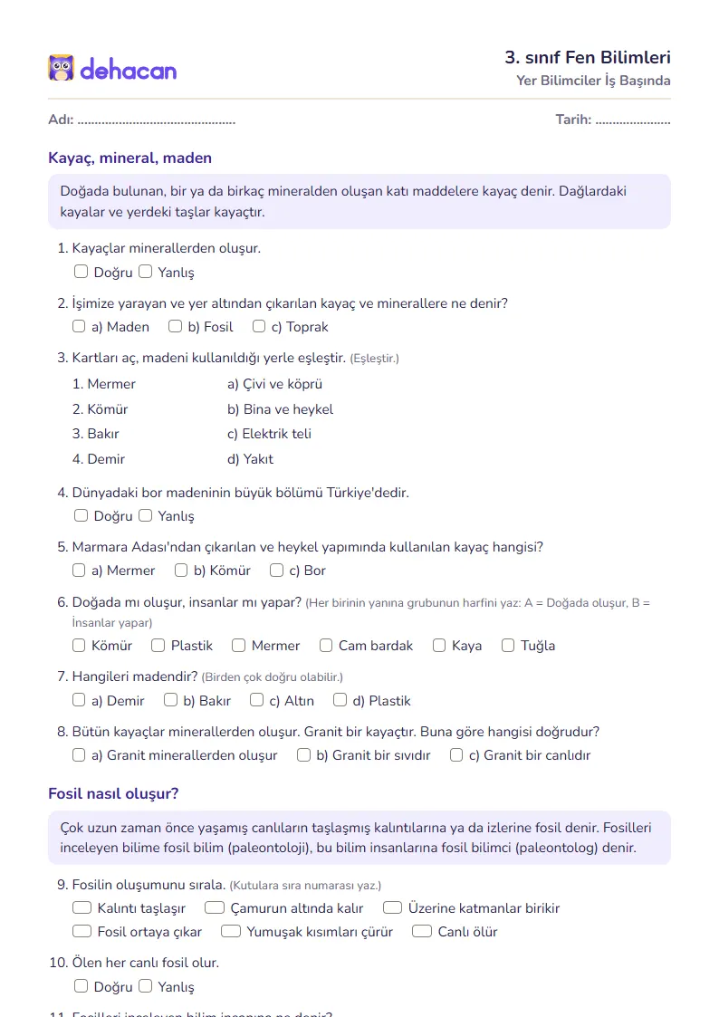 3. sınıf Fen Bilimleri çalışma kâğıdı: Yer Bilimciler İş Başında, sorular ve cevap anahtarı